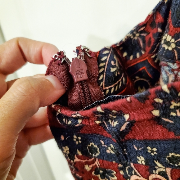 AEO Burgundy Boho Print Lace Up Back Romper - Picture 3 of 7